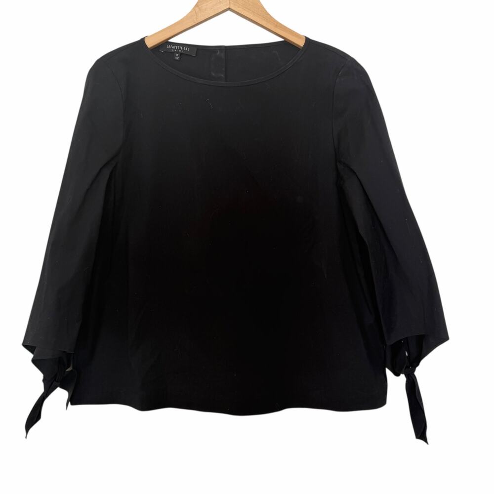 Lafayette 148 Black Elaina Tie Sleeve Blouse Sz M